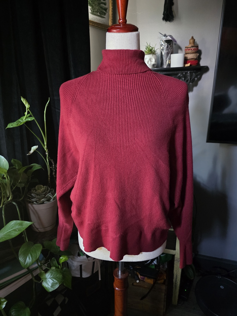 BKE Cranberry Ribbed Mock Neck Sweater